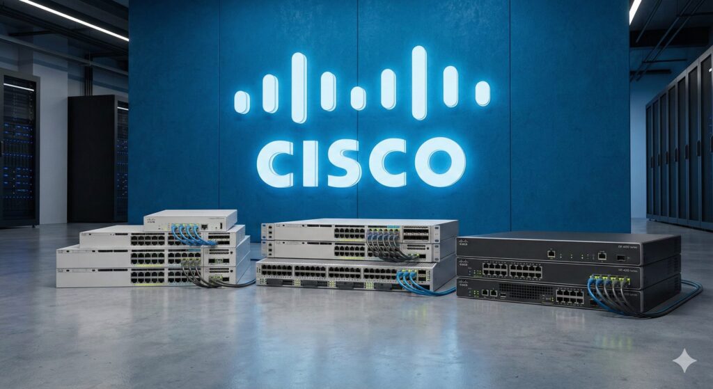 データセンターの床に整然と並べられたCiscoのネットワーク機器群。複数のスイッチやルーターが積み重ねられ、青いLANケーブルが接続されてポートのLEDが点灯している。背景の青い壁には、発光する巨大なCiscoのロゴマークが掲げられている。