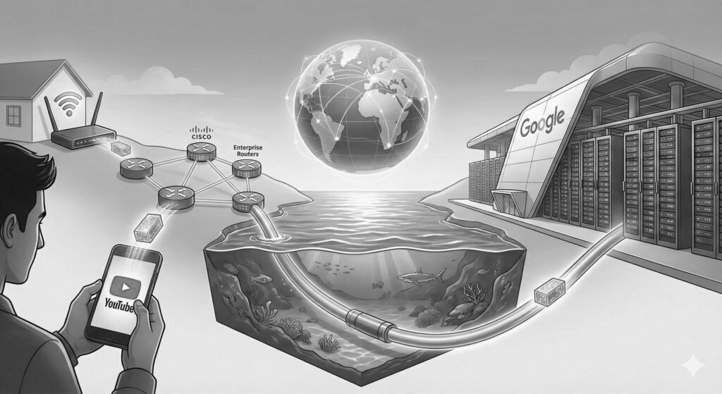 スマホでYouTubeを見るときのインターネット接続の仕組みを示す壮大なインフォグラフィック。左側の部屋で男性が持つスマホから、Wi-Fiルーター、Ciscoサーバーラックを経由し、光る海底ケーブルを通って海を渡り、右側のGoogleデータセンターへとデータが流れる様子が光の線で表現されている。背景にはネットワークで繋がった地球が浮かんでいる。