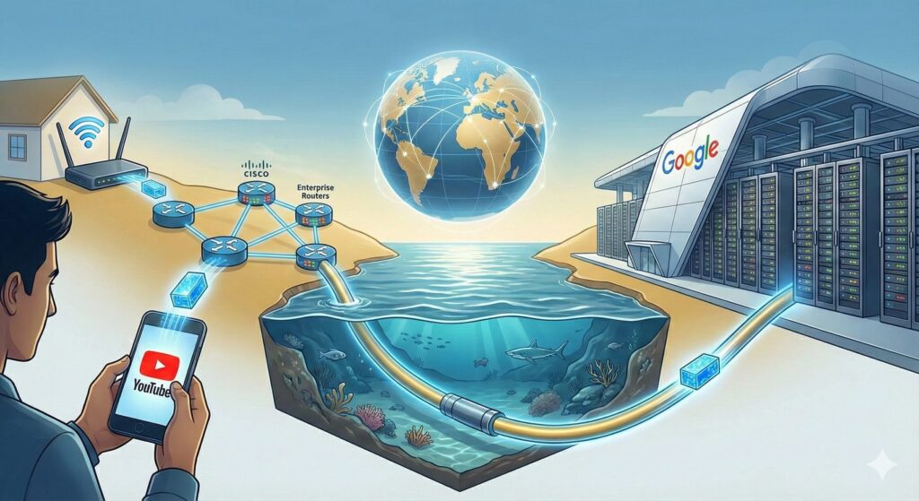 スマホでYouTubeを見るときのインターネット接続の仕組みを示す壮大なインフォグラフィック。左側の部屋で男性が持つスマホから、Wi-Fiルーター、Ciscoサーバーラックを経由し、光る海底ケーブルを通って海を渡り、右側のGoogleデータセンターへとデータが流れる様子が光の線で表現されている。背景にはネットワークで繋がった地球が浮かんでいる。