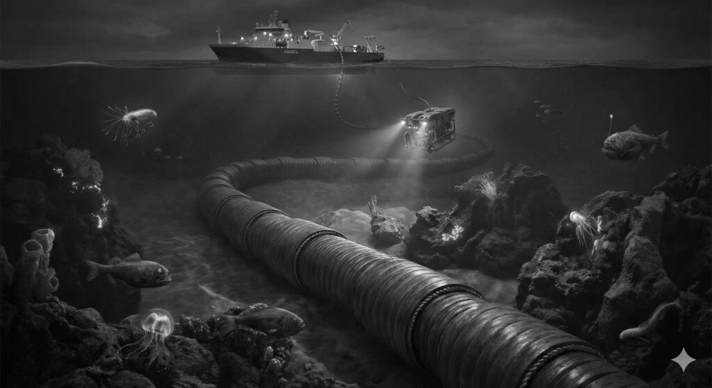深海に横たわる巨大な海底ケーブルと、それを点検する無人探査機(ROV)、そして海面に浮かぶ敷設船を描いた、海底通信インフラのイメージ図。