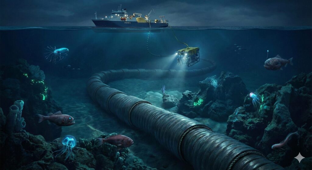 深海に横たわる巨大な海底ケーブルと、それを点検する無人探査機（ROV）、そして海面に浮かぶ敷設船を描いた、海底通信インフラのイメージ図。