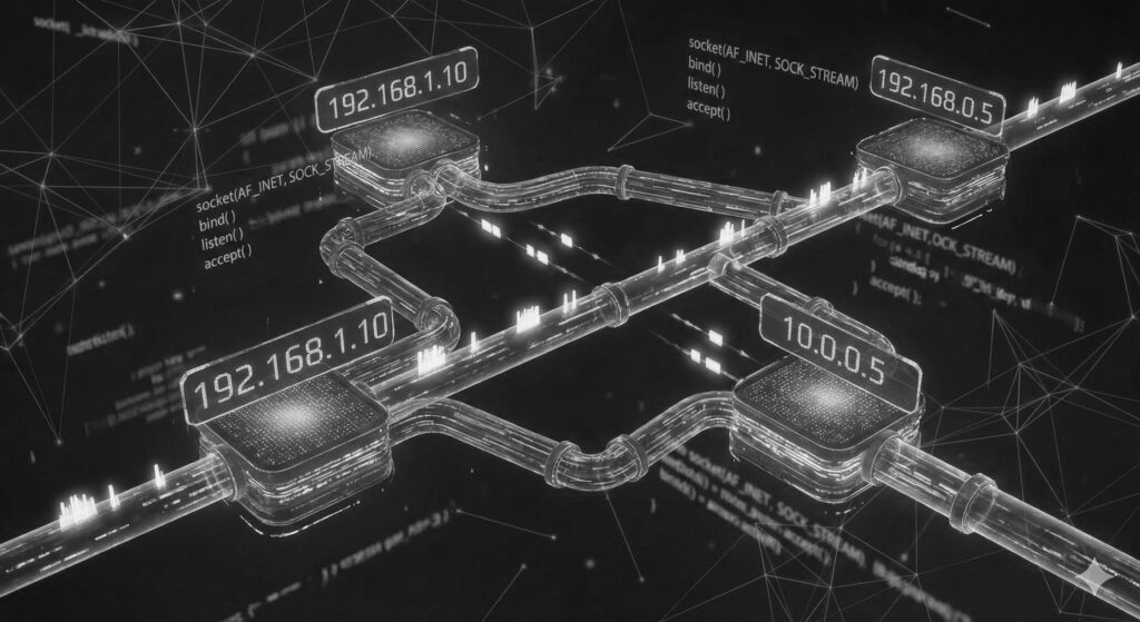 IPアドレスやソケット関数のテキストが浮かぶ、発光するネットワーク経路の抽象図。ネットワークプログラミングやデータ通信の概念を視覚化したデザイン。