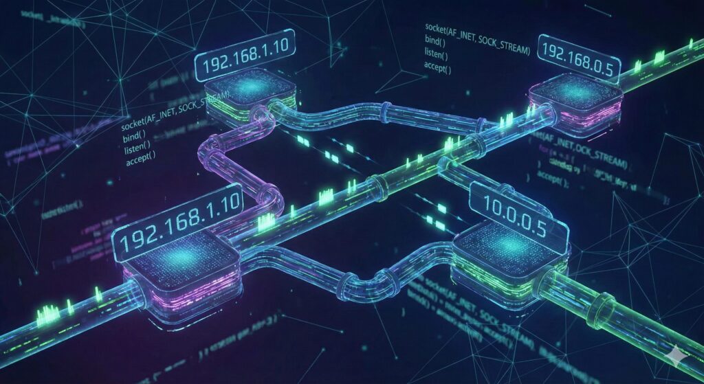 IPアドレスやソケット関数のテキストが浮かぶ、発光するネットワーク経路の抽象図。ネットワークプログラミングやデータ通信の概念を視覚化したデザイン。